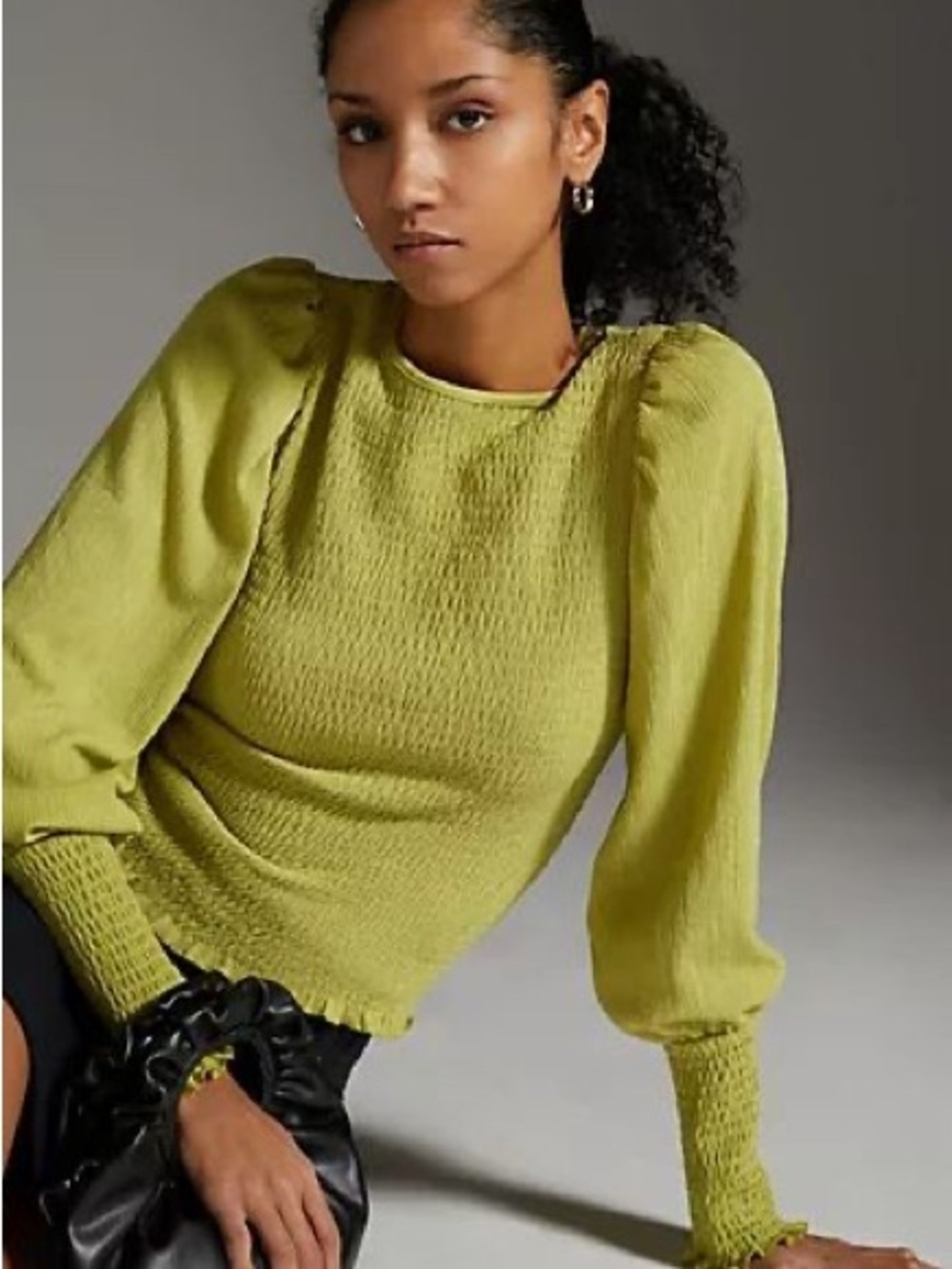 Anthropologie Green Guacamole Gathered Long Sleeve Stretch Top Size XL